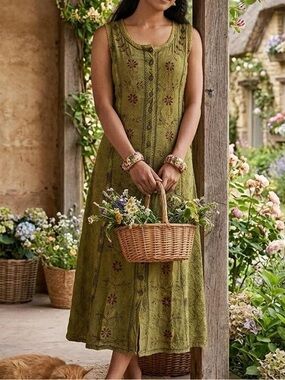 GardenbelleOrganics cottagecore embroidered cotton dress M-L